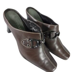 AEROSOLES! ESPRESSO BROWN GENUINE LEATHER HARNESS FRONT MULES, HEELS! SZ 7.5M